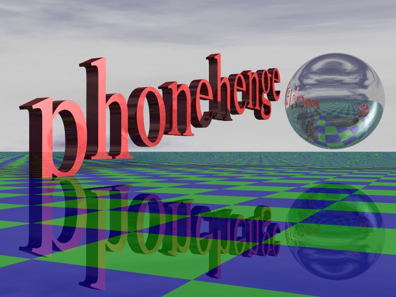 "Phonehenge and Sphere" raytracing image.